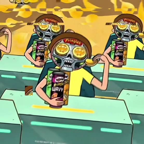 Cafeteria line of skull-faced characters in Pringles hats, clutching chip cans while chips rain down